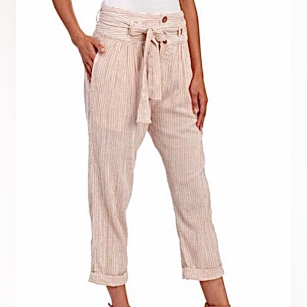 Free People | Women’s amber/cream striped ankle pants, 3 button front, tie belt
